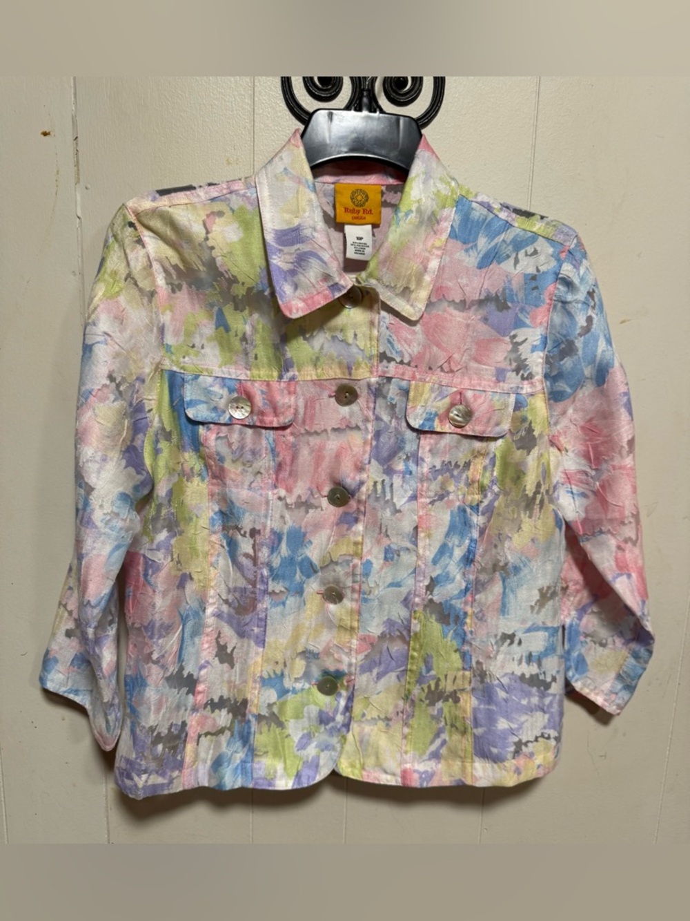 Ruby Rd. Pastel Floral Watercolor Button-Front Jacket